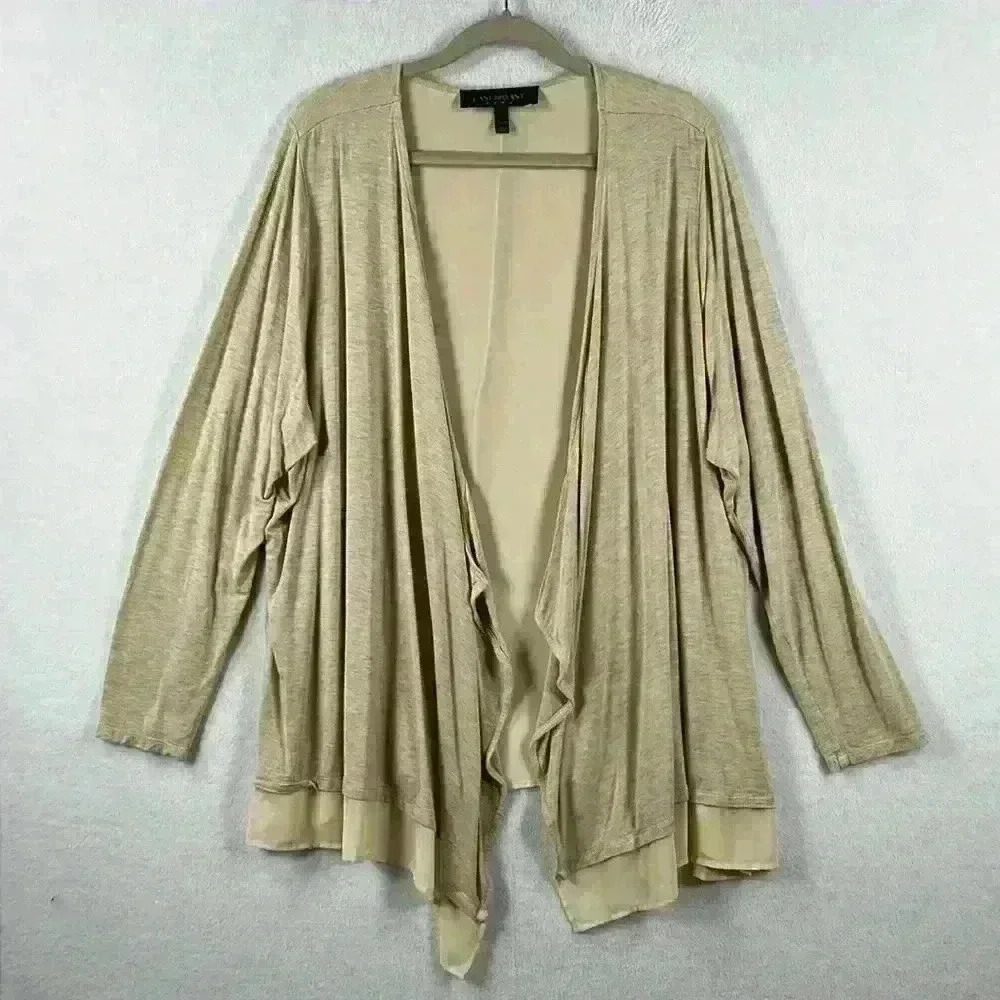Lane Bryant Knit / Chiffon Cardigan Size 22/24 Tan Color Waterfall Front